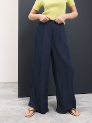 Dark Blue Lightweight Denim Pull On Wide Leg Trousers - Image 2 of 7