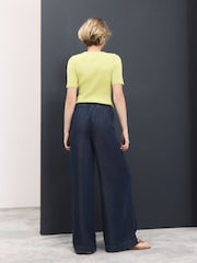 Dark Blue Lightweight Denim Pull On Wide Leg Trousers - Image 3 of 7