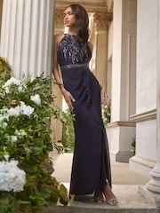 Lipsy Navy Petite Embellished Ruffle Front Halter Wedding Bridesmaid Dress - Image 5 of 5