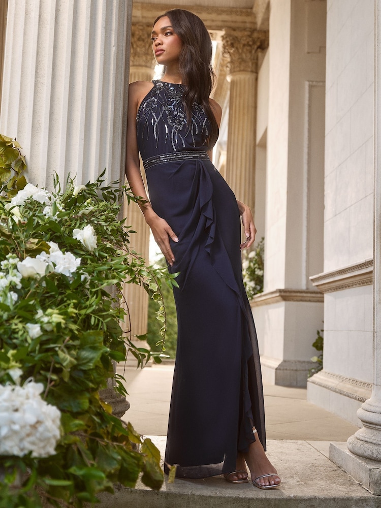 Lipsy Navy Petite Embellished Ruffle Front Halter Wedding Bridesmaid Dress - Image 5 of 5