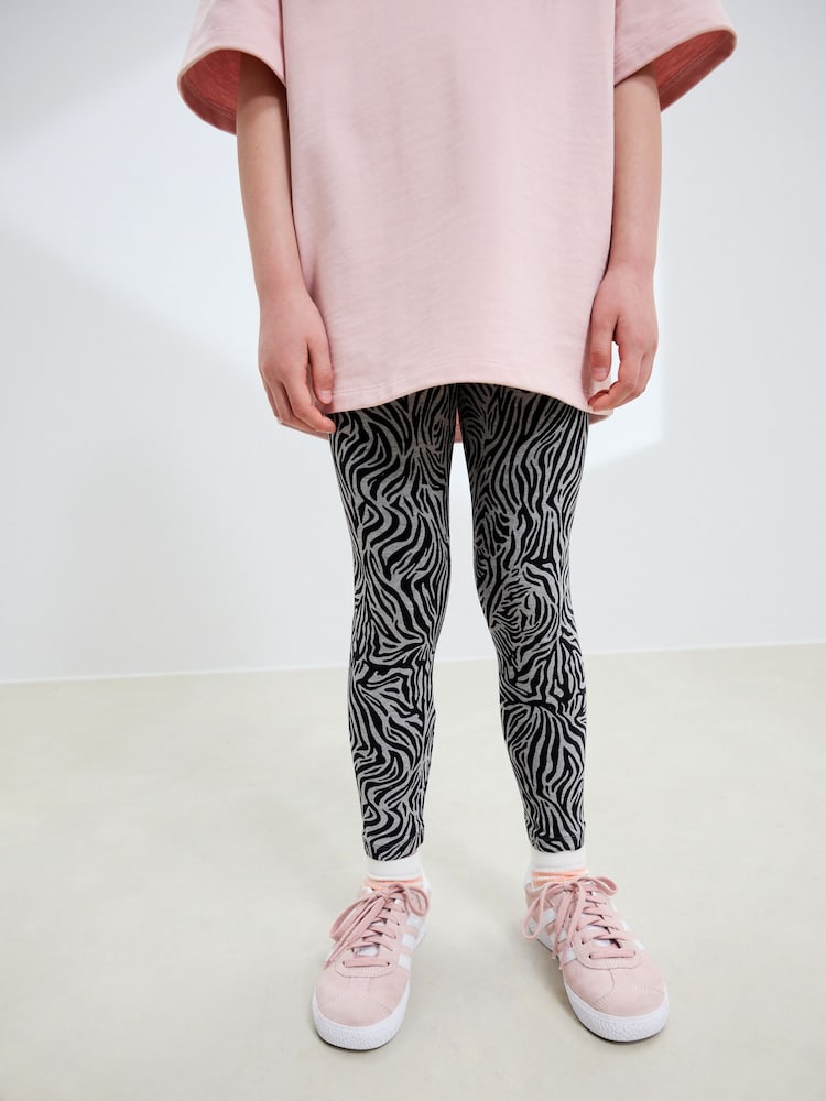 Zebra Grey Animal Print Leggings (3-16yrs) - Image 1 of 8 Zebra Grey Animal Print Leggings (3-16yrs) - Image 1 of 8