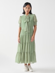 LK Bennett Green Petite Petite Coco Treetop Birch Tie Neck Georgette Dress - Image 1 of 3