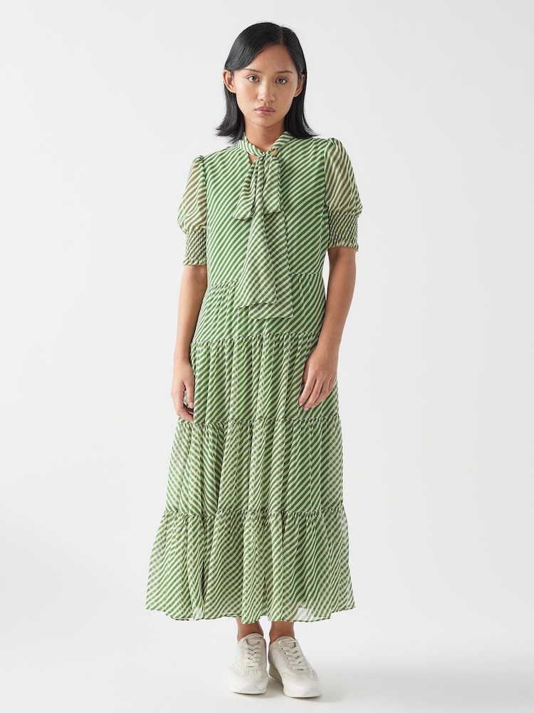 LK Bennett Green Petite Petite Coco Treetop Birch Tie Neck Georgette Dress - Image 1 of 3