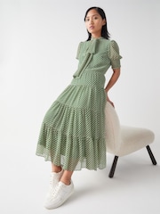 LK Bennett Green Petite Petite Coco Treetop Birch Tie Neck Georgette Dress - Image 3 of 3