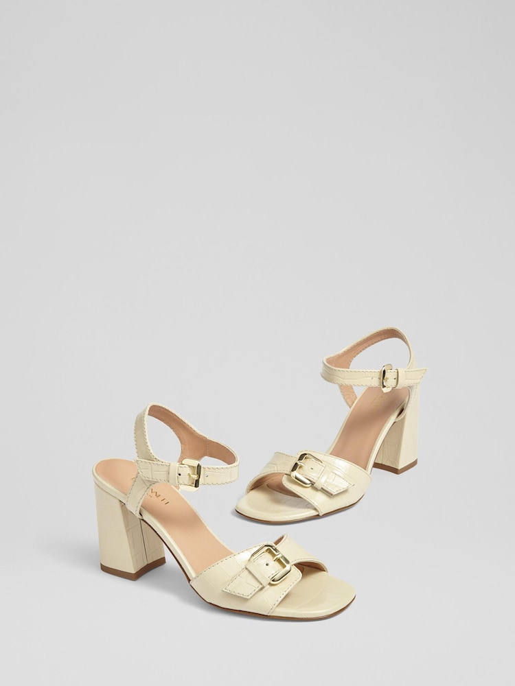 LK Bennett Cream Reeva Buttercream Croc Effect Oloid Buckle Sandals - Image 2 of 4
