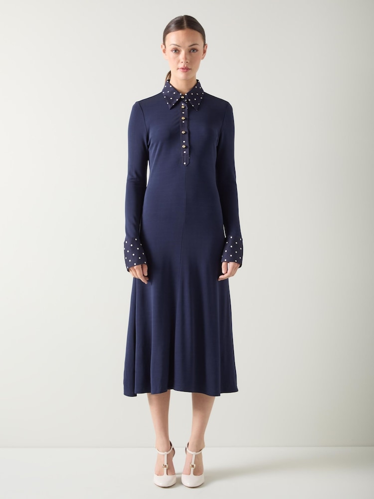 LK Bennett Blue Rita Viscose Jersey Dress With Spot Trim - Image 1 of 4 LK Bennett Blue Rita Viscose Jersey Dress With Spot Trim - Image 1 of 4
