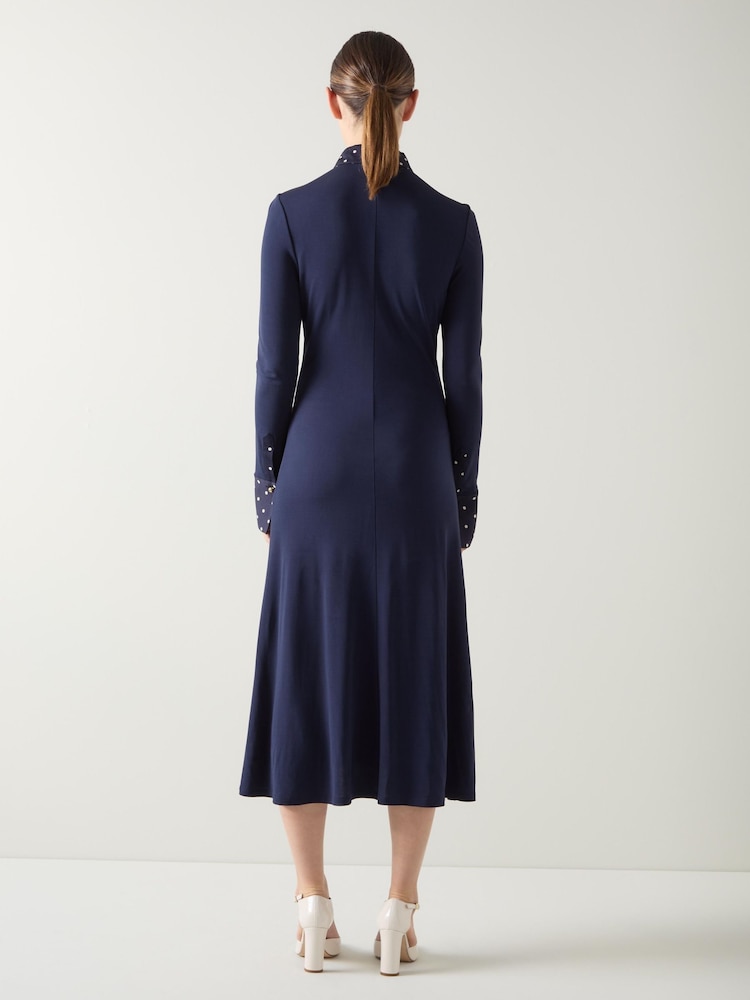 LK Bennett Blue Rita Viscose Jersey Dress With Spot Trim - Image 2 of 4 LK Bennett Blue Rita Viscose Jersey Dress With Spot Trim - Image 2 of 4