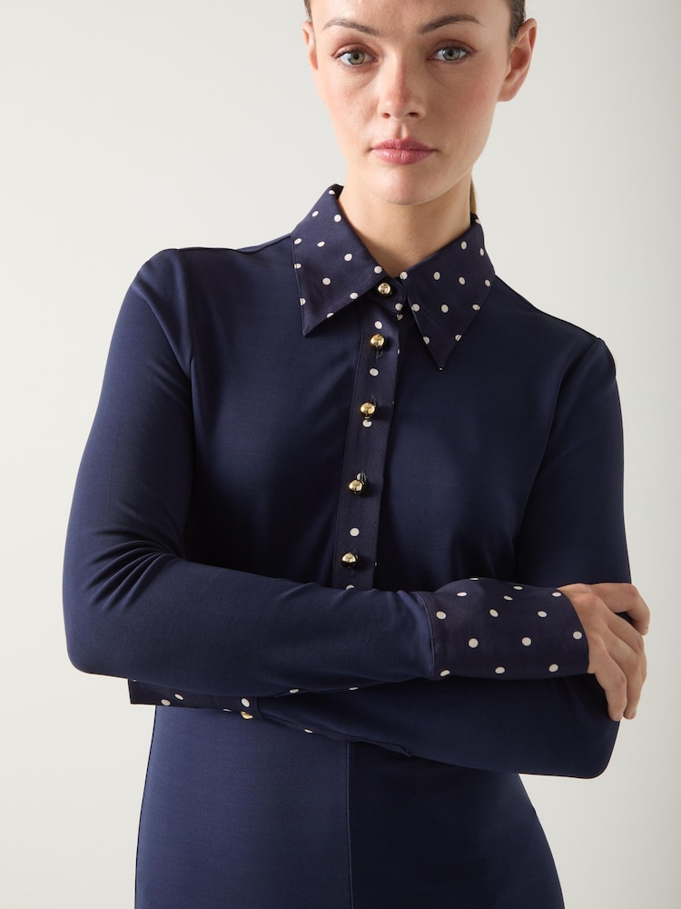 LK Bennett Blue Rita Viscose Jersey Dress With Spot Trim - Image 4 of 4 LK Bennett Blue Rita Viscose Jersey Dress With Spot Trim - Image 4 of 4
