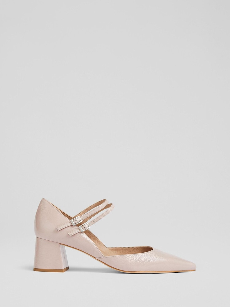LK Bennett Pink Savannah Crinkled Patent Double Strap Pointed Courts - Image 1 of 4