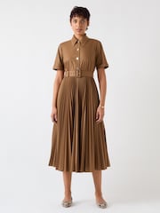 LK Bennett Brown Cally Mocha Pleated Cotton Shirt Dress - Image 1 of 2