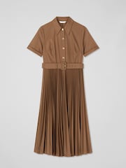 LK Bennett Brown Cally Mocha Pleated Cotton Shirt Dress - Image 2 of 2