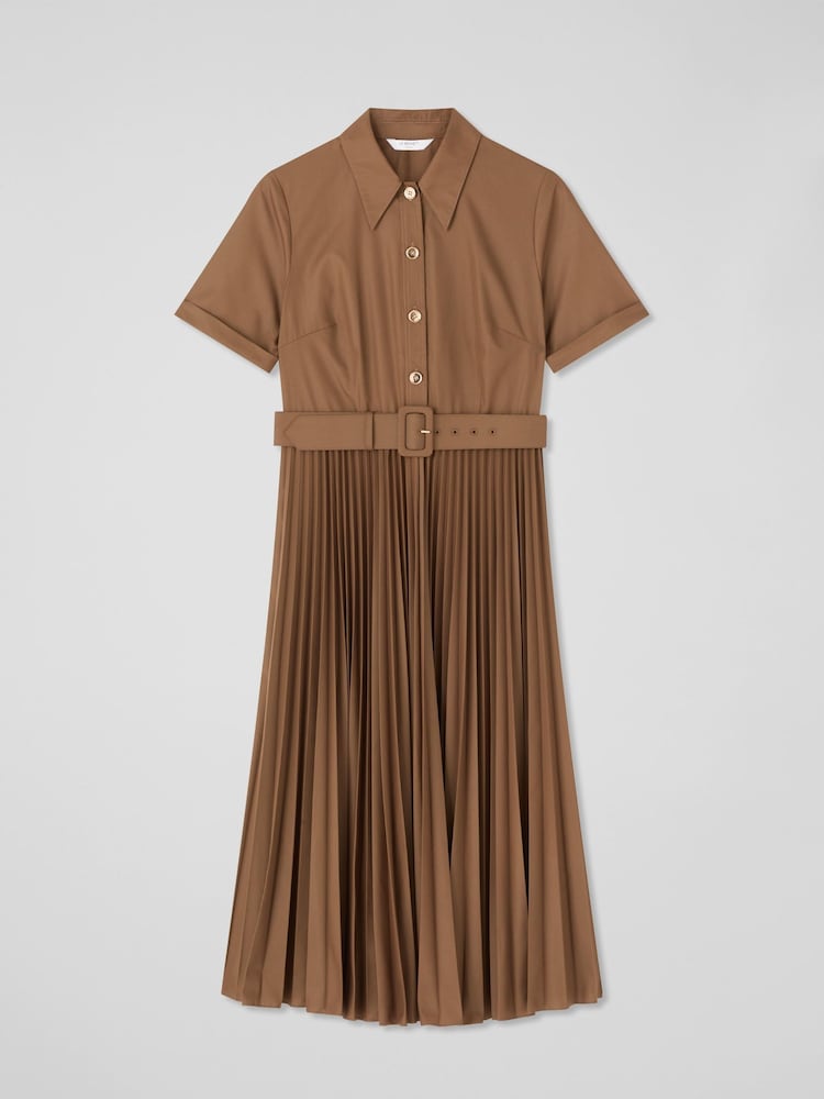 LK Bennett Brown Cally Mocha Pleated Cotton Shirt Dress - Image 2 of 2