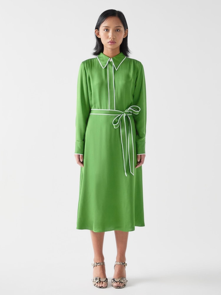 LK Bennett Green Petite Petite Elise Treetop Viscose Edge Stitch Detail Shirt Dress - Image 1 of 4