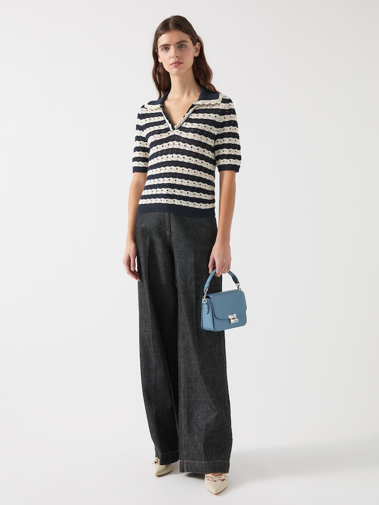 LK Bennett Black Charlee Spring Cotton Stripe Scallop Trim Knit Top - Image 1 of 5