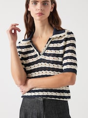 LK Bennett Black Charlee Spring Cotton Stripe Scallop Trim Knit Top - Image 4 of 5