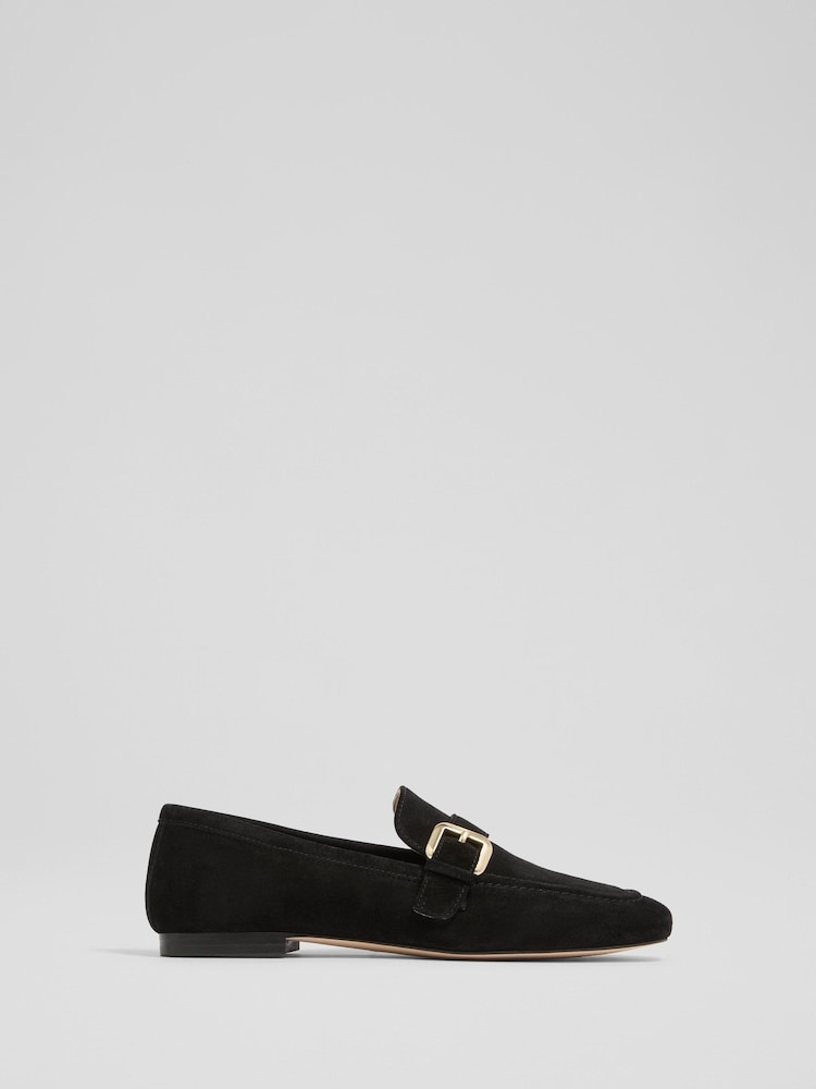 LK Bennett Black Austin Suede Oloid Buckle Loafers - Image 1 of 4