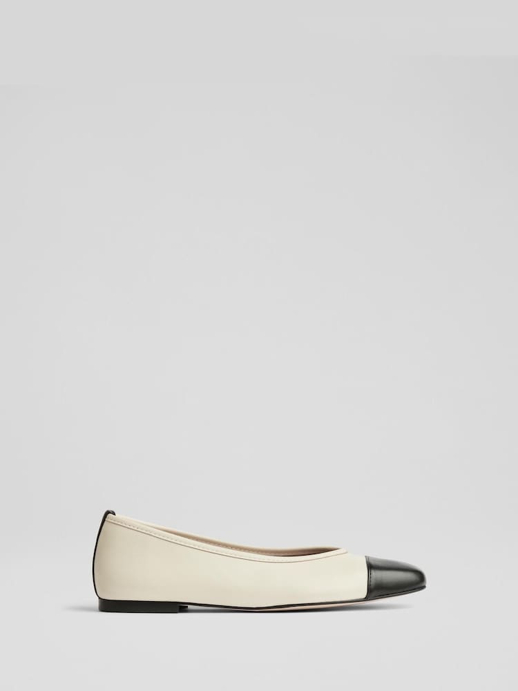 LK Bennett Cream & Black Hanna Nappa Leather Soft V Topline Ballet - Image 1 of 4