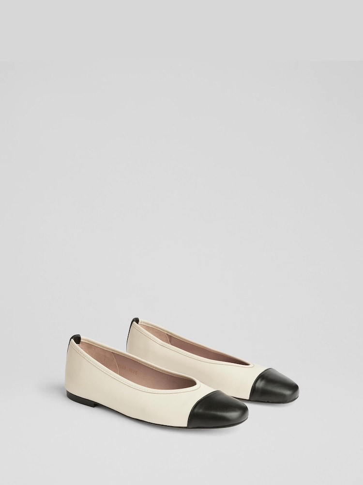 LK Bennett Cream & Black Hanna Nappa Leather Soft V Topline Ballet - Image 2 of 4