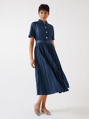 LK Bennett Blue Cally Spring Pleated Cotton Shirt Dress - Image 1 of 5