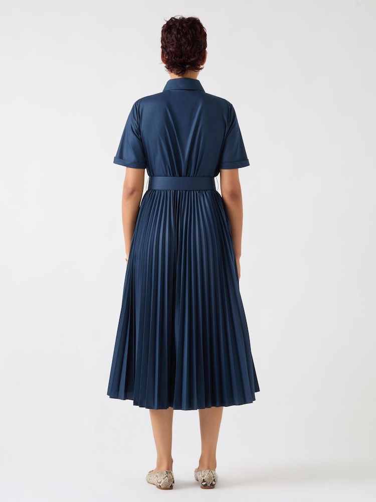 LK Bennett Blue Cally Spring Pleated Cotton Shirt Dress - Image 2 of 5