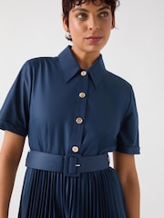 LK Bennett Blue Cally Spring Pleated Cotton Shirt Dress - Image 3 of 5