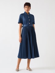 LK Bennett Blue Cally Spring Pleated Cotton Shirt Dress - Image 4 of 5