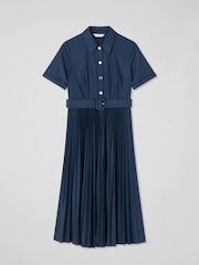 LK Bennett Blue Cally Spring Pleated Cotton Shirt Dress - Image 5 of 5