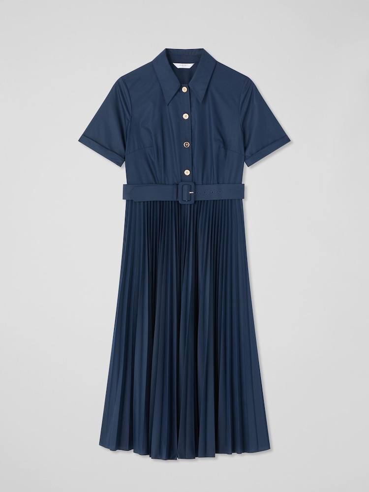LK Bennett Blue Cally Spring Pleated Cotton Shirt Dress - Image 5 of 5