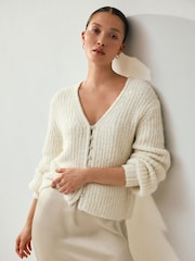 Ecru Gem Button Relaxed Cardigan With Wool - Image 1 of 8