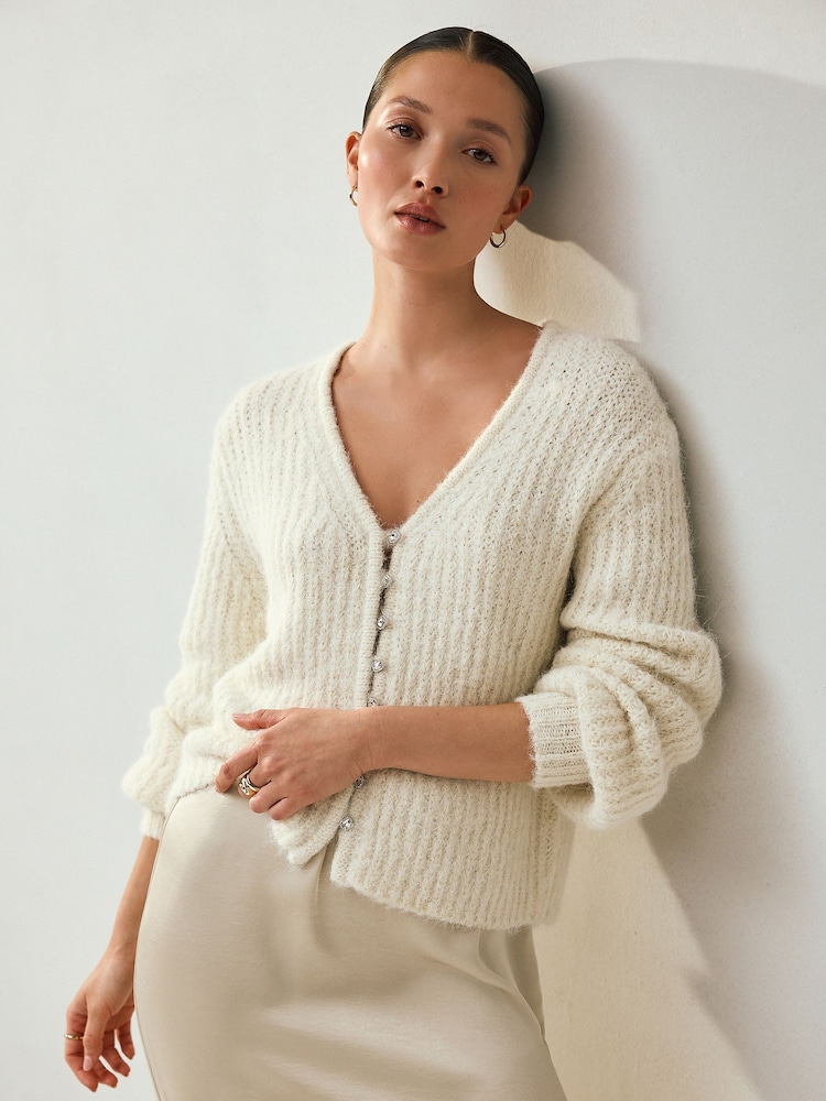 Ecru Gem Button Relaxed Cardigan With Wool - Image 1 of 8