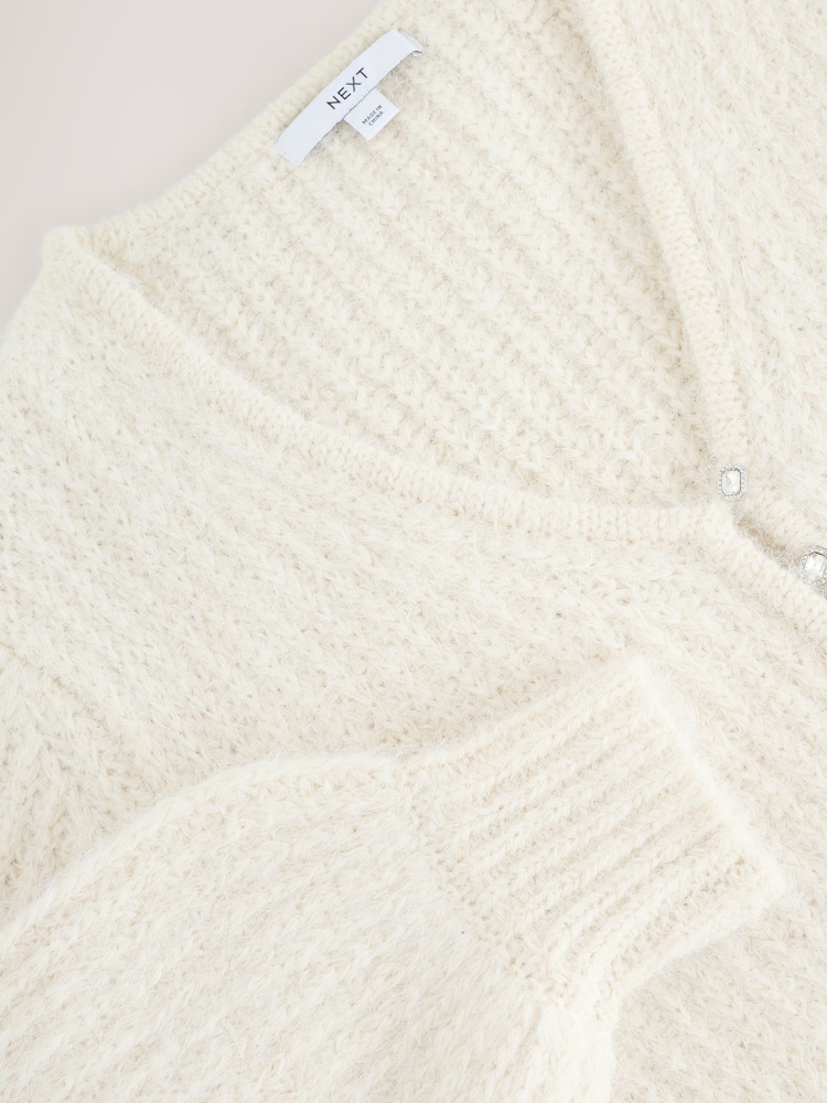 Ecru Gem Button Relaxed Cardigan With Wool - Image 8 of 8