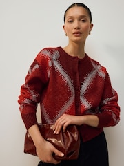 Red Sparkle Argyle Crew Neck Cardigan With Wool - Image 1 of 7