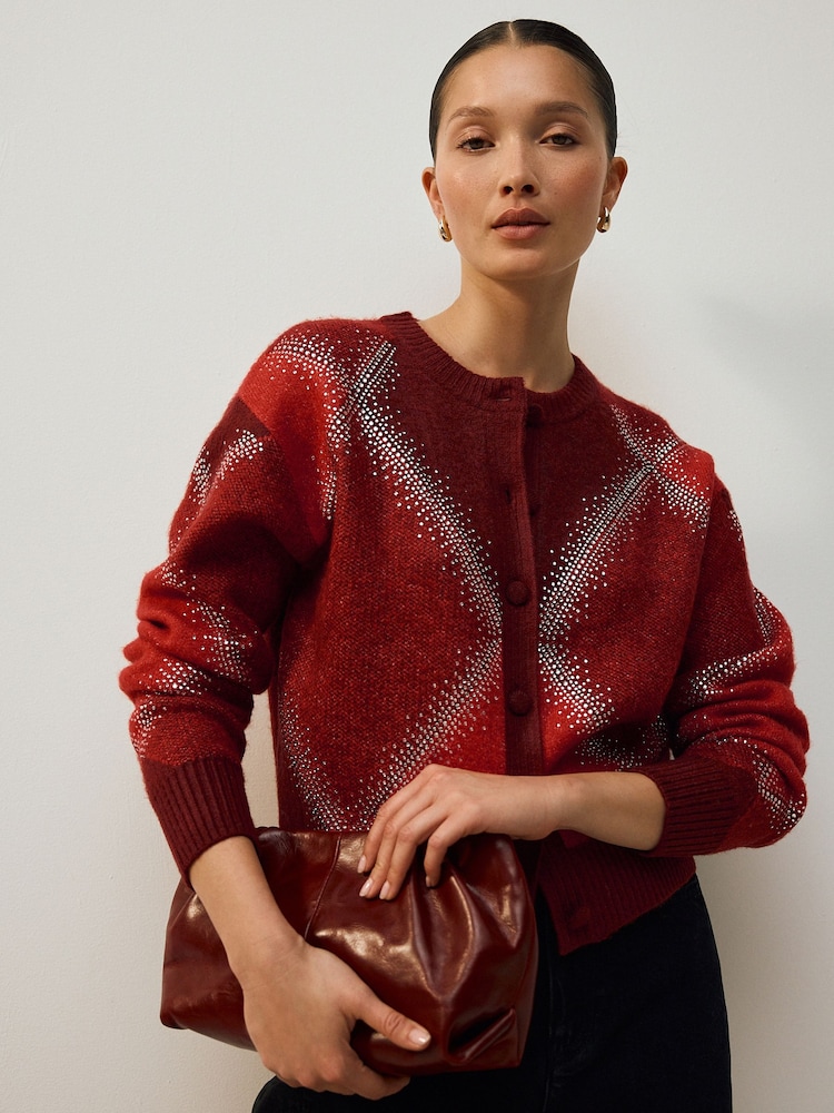 Red Sparkle Argyle Crew Neck Cardigan With Wool - Image 1 of 7