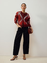 Red Sparkle Argyle Crew Neck Cardigan With Wool - Image 2 of 7