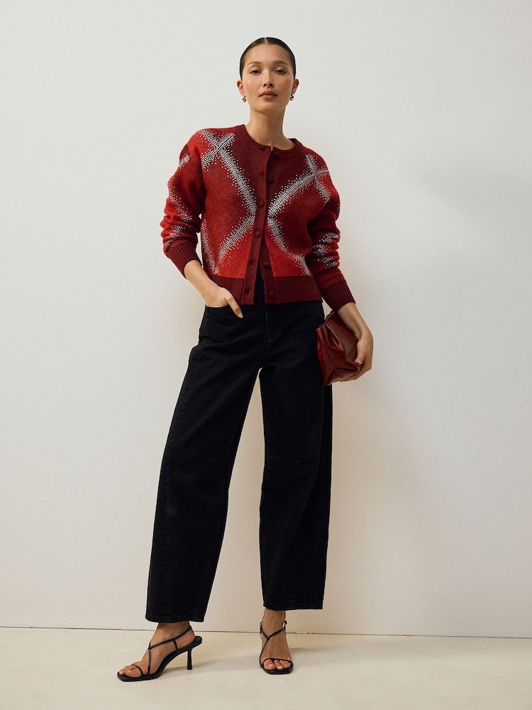 Red Sparkle Argyle Crew Neck Cardigan With Wool - Image 2 of 7