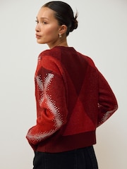Red Sparkle Argyle Crew Neck Cardigan With Wool - Image 3 of 7