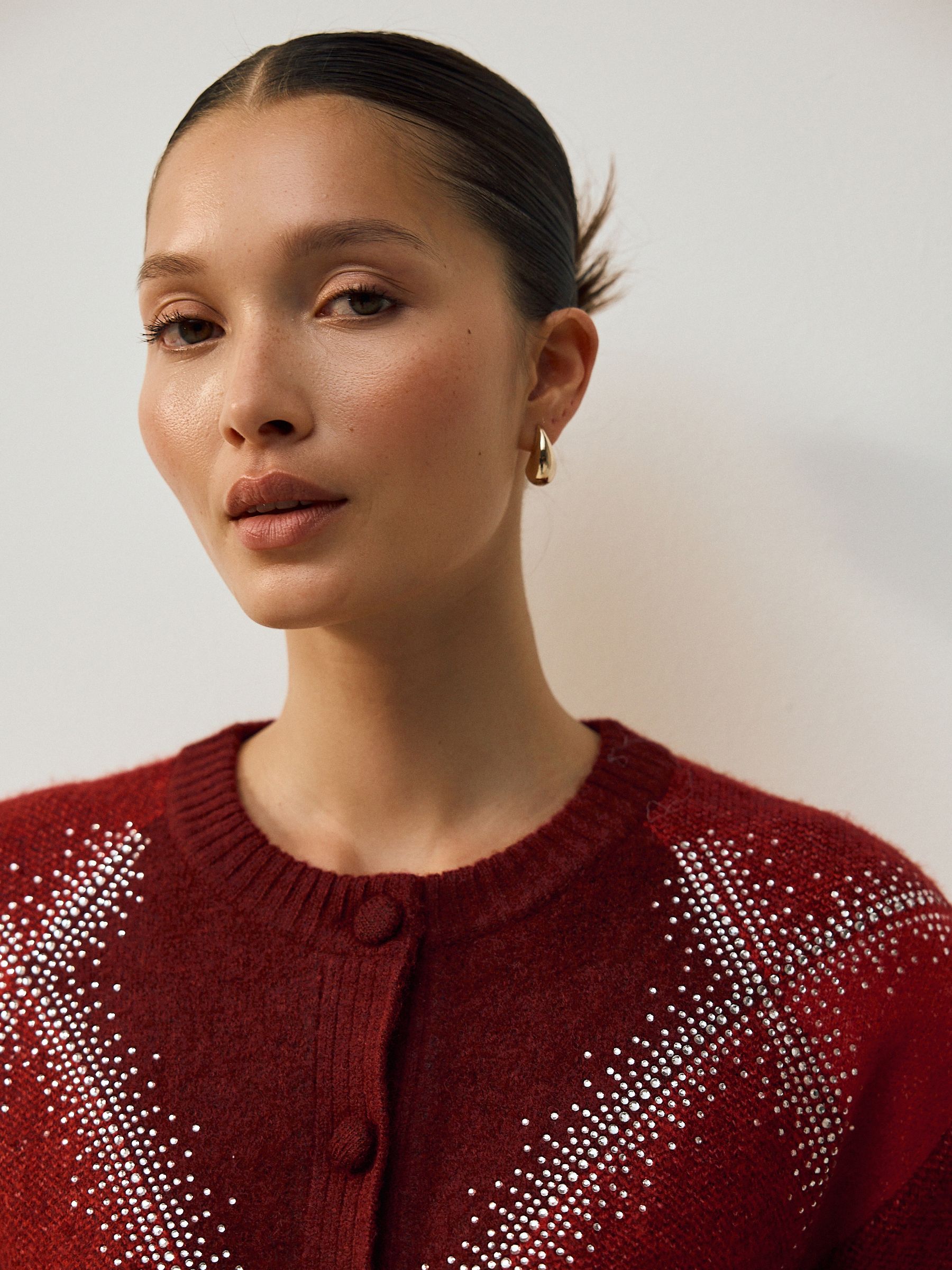 Buy Red Sparkle Argyle Crew Neck Cardigan With Wool from