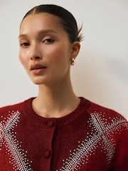 Red Sparkle Argyle Crew Neck Cardigan With Wool - Image 4 of 7
