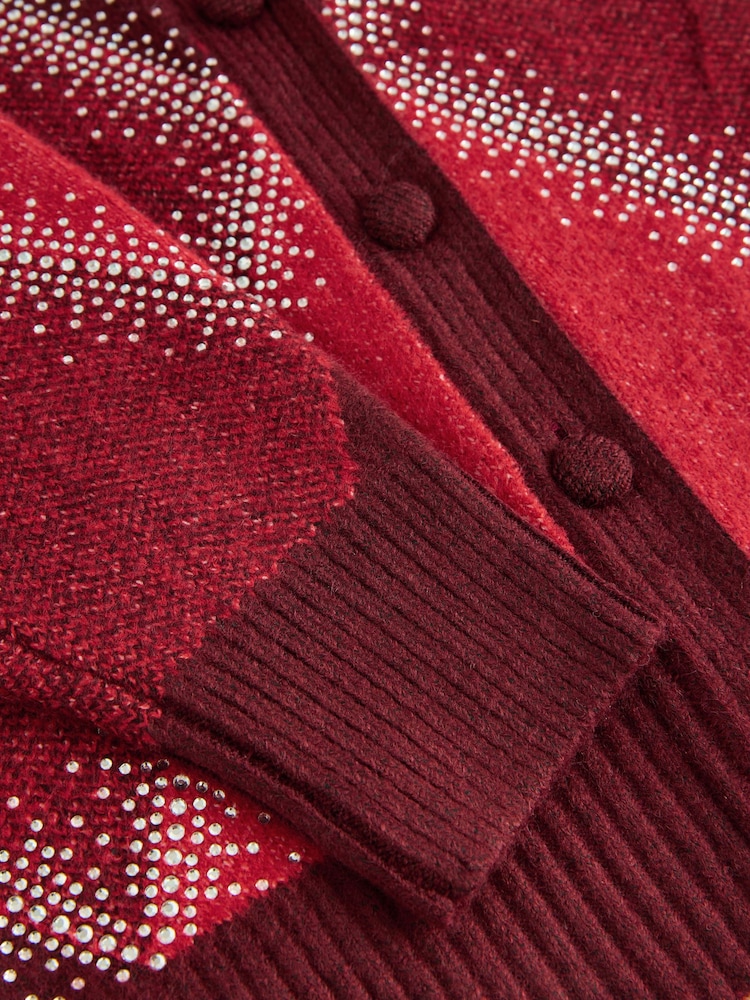 Red Sparkle Argyle Crew Neck Cardigan With Wool - Image 7 of 7