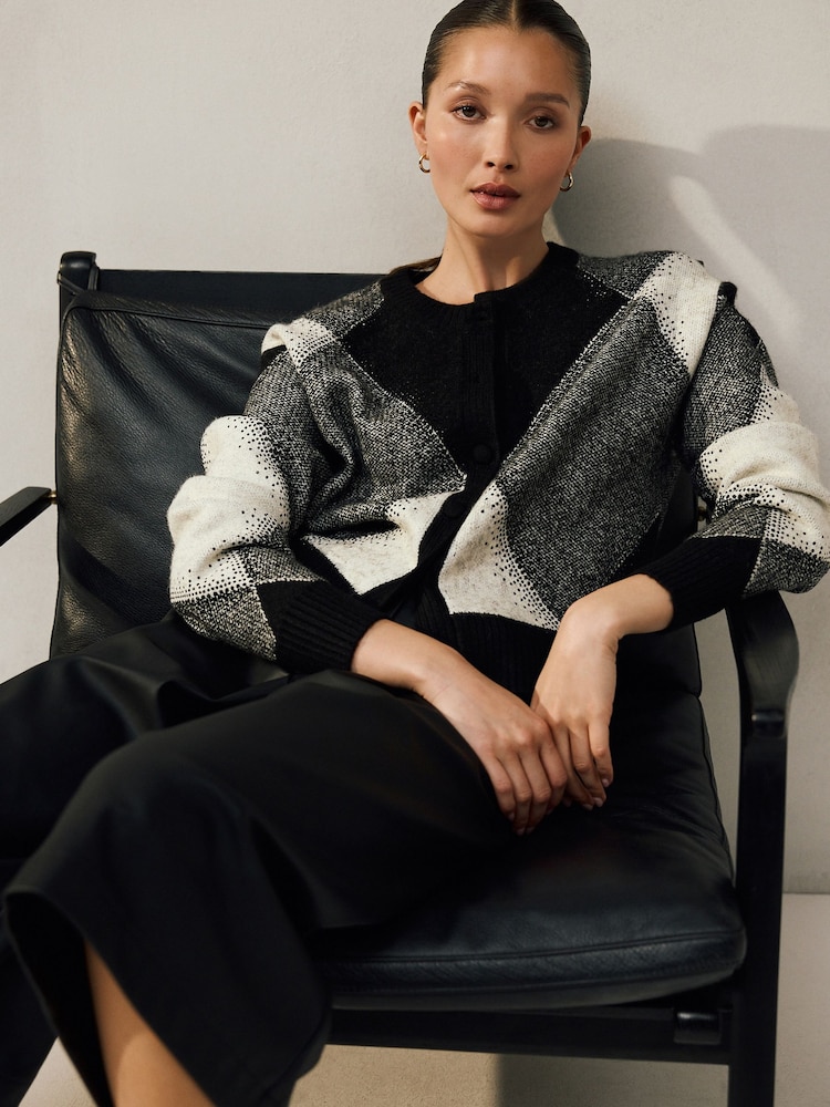 Monochrome Sparkle Argyle Crew Neck Cardigan With Wool - Image 1 of 8
