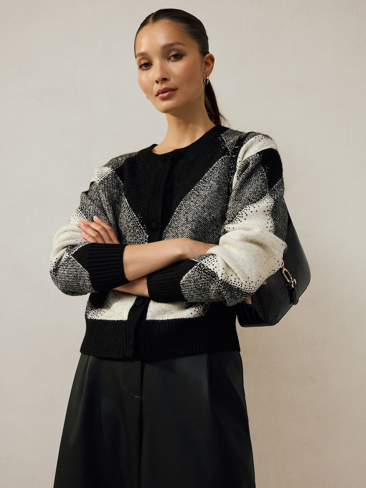 Monochrome Sparkle Argyle Crew Neck Cardigan With Wool - Image 2 of 8