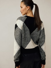 Monochrome Sparkle Argyle Crew Neck Cardigan With Wool - Image 4 of 8