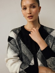 Monochrome Sparkle Argyle Crew Neck Cardigan With Wool - Image 5 of 8