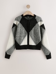 Monochrome Sparkle Argyle Crew Neck Cardigan With Wool - Image 6 of 8