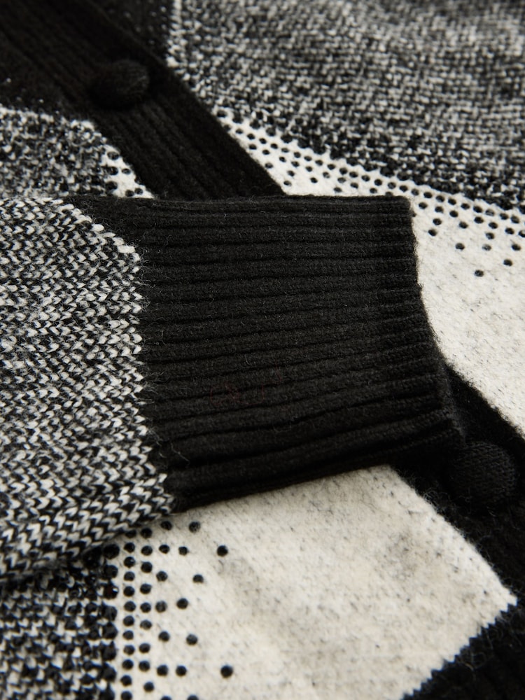 Monochrome Sparkle Argyle Crew Neck Cardigan With Wool - Image 8 of 8