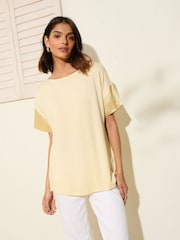 Friends Like These Buttermilk Yellow Short Sleeve Satin Trim Tunic - Image 1 of 4
