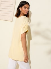 Friends Like These Buttermilk Yellow Short Sleeve Satin Trim Tunic - Image 4 of 4
