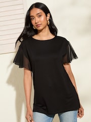 Friends Like These Black Short Sleeve Flutter Trim Tunic - Image 1 of 4