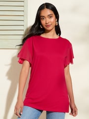 Friends Like These Fushsia Pink Short Sleeve Flutter Trim Tunic - Image 1 of 4