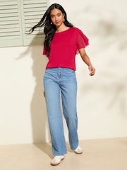 Friends Like These Fushsia Pink Short Sleeve Flutter Trim Tunic - Image 3 of 4
